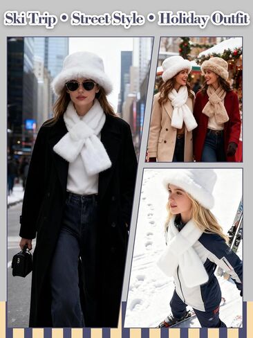 Winter Warm Fur Bucket Hat with Scarf for Women - Russian Style Fluffy Fuzzy Snow Hat Gift for Girls in Saudi Arabia