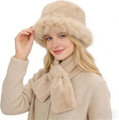 Winter Warm Fur Bucket Hat with Scarf for Women - Russian Style Fluffy Fuzzy Snow Hat Gift for Girls in Saudi Arabia