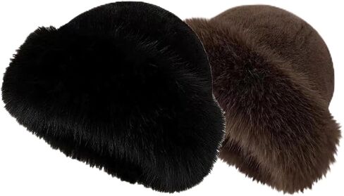 2pcs Womens Winter Faux Fur Bucket Hat, Warm Faux Mink Plush Hat Fluffy Fisherman Fuzzy Bucket Hat Russian Hat for Outdoor（Black+ Coffee） in Saudi Arabia
