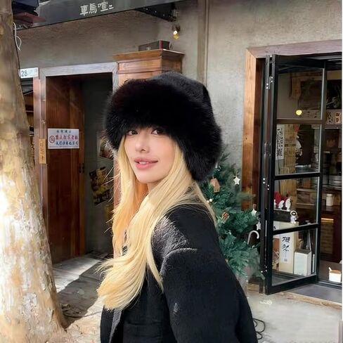 2pcs Womens Winter Faux Fur Bucket Hat, Warm Faux Mink Plush Hat Fluffy Fisherman Fuzzy Bucket Hat Russian Hat for Outdoor（Black+ Coffee） in Saudi Arabia