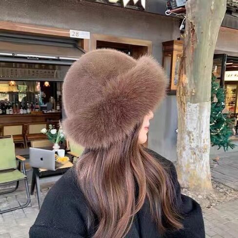 2pcs Womens Winter Faux Fur Bucket Hat, Warm Faux Mink Plush Hat Fluffy Fisherman Fuzzy Bucket Hat Russian Hat for Outdoor（Black+ Coffee） in Saudi Arabia