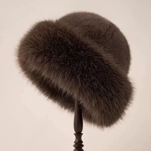 2pcs Womens Winter Faux Fur Bucket Hat, Warm Faux Mink Plush Hat Fluffy Fisherman Fuzzy Bucket Hat Russian Hat for Outdoor（Black+ Coffee） in Saudi Arabia
