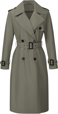 معطف واق من المطر مزدوج الصدر للنساء من RISISSIDA، مقاوم للماء، معطف كاجوال وعملي، بطول الركبة، فضفاض، حزام قابل للإزالة in Kuwait