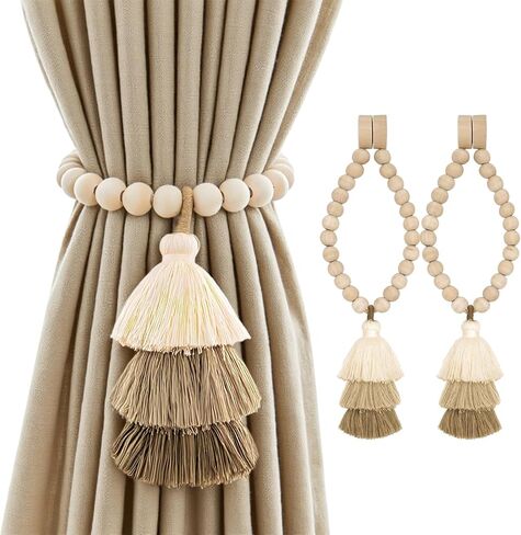 Magnetic Curtain Tiebacks with Wood Beads, Boho Rope Drapery Holdbacks with Triple Tassels, No Drill Curtain Holders for Farmhouse Bedroom, Living Room or Nursery, 2 Pack, Beige Taupe Brown in Saudi Arabia