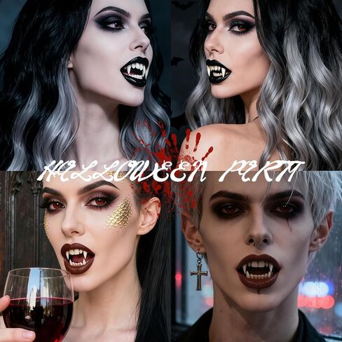 Halloween for Vampire Fake Teeth Set - Professional for Vampire Makeup Kit with 4 Pairs Fangs, Black Lipstick, Dental Adhesive for Halloween Cosplay SFX Makeup, Costume Parties, Theater in Saudi Arabia
