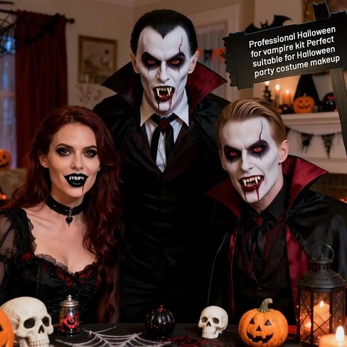 Halloween for Vampire Fake Teeth Set - Professional for Vampire Makeup Kit with 4 Pairs Fangs, Black Lipstick, Dental Adhesive for Halloween Cosplay SFX Makeup, Costume Parties, Theater in Saudi Arabia