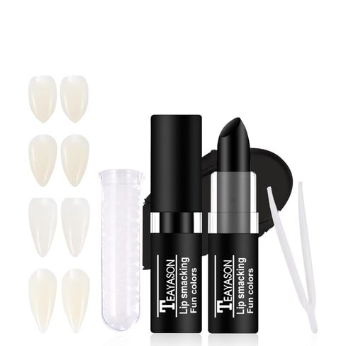 Halloween for Vampire Fake Teeth Set - Professional for Vampire Makeup Kit with 4 Pairs Fangs, Black Lipstick, Dental Adhesive for Halloween Cosplay SFX Makeup, Costume Parties, Theater in Saudi Arabia