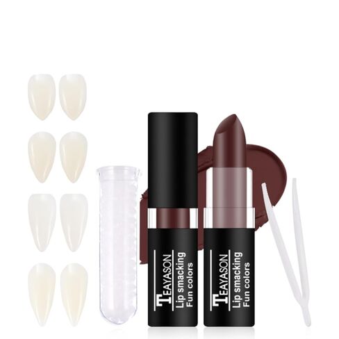 Halloween for Vampire Fake Teeth Set - Professional for Vampire Makeup Kit with 4 Pairs Fangs, Black Lipstick, Dental Adhesive for Halloween Cosplay SFX Makeup, Costume Parties, Theater in Saudi Arabia