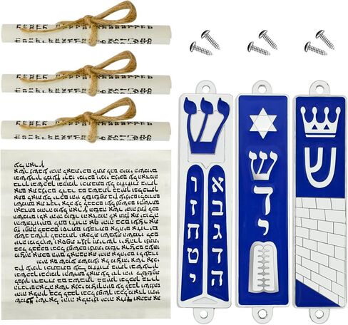 MrMrKura مجموعة من 3 Mezuzah مع التمرير للباب، حالة القدس Mezuzah مع نجمة داود الوصايا العشر Torah Crown حالة فضية زرقاء للهدايا اليهودية، ديكور المنزل اليهودي، عيد الميلاد، عيد الفصح in Saudi Arabia
