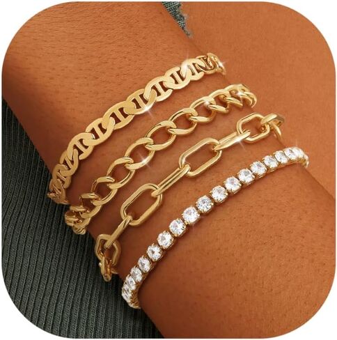 KOHOTA أساور الذهب مكتنزة للنساء غير تشويه 14K مطلية بالذهب الكفة سوار المكدس العصرية الحب الإسورة أساور تكويم سوار التنس مجموعة التعادل عقدة مشبك الورق الكوبي فيجارو سلسلة مجوهرات الهدايا in Kuwait
