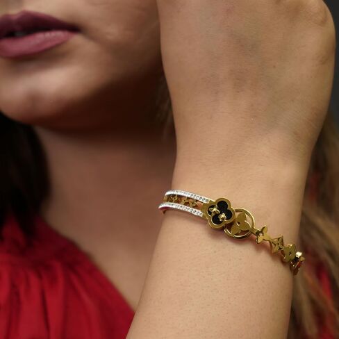18k Gold Plated Bracelet for Women Four Leaf Clover Bangle Bracelet with Cubic Zirconia Stones. Trendy Best Clover Love Friendship Designer Bracelet Jewelry Gift. in Saudi Arabia
