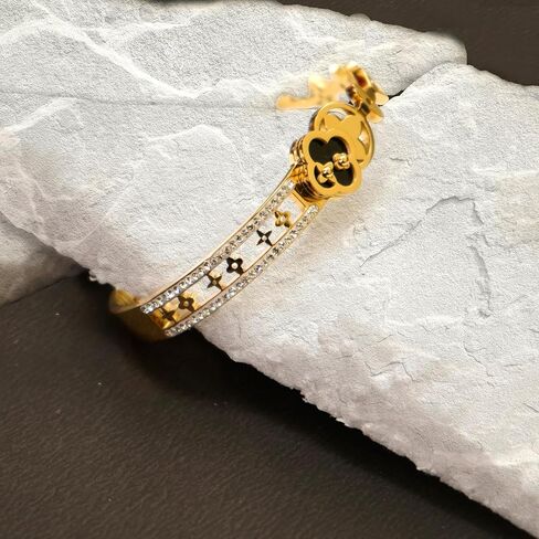 18k Gold Plated Bracelet for Women Four Leaf Clover Bangle Bracelet with Cubic Zirconia Stones. Trendy Best Clover Love Friendship Designer Bracelet Jewelry Gift. in Saudi Arabia