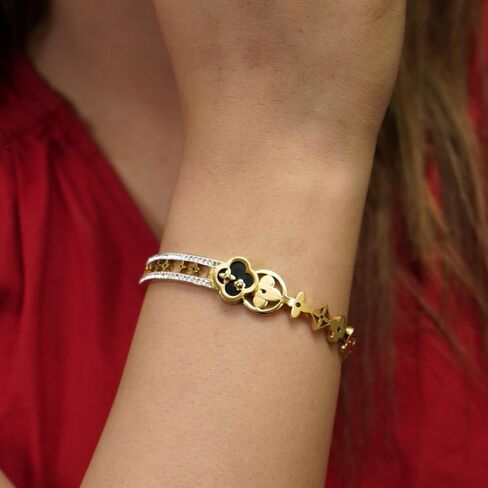 18k Gold Plated Bracelet for Women Four Leaf Clover Bangle Bracelet with Cubic Zirconia Stones. Trendy Best Clover Love Friendship Designer Bracelet Jewelry Gift. in Saudi Arabia