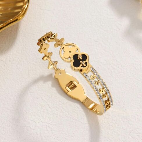 18k Gold Plated Bracelet for Women Four Leaf Clover Bangle Bracelet with Cubic Zirconia Stones. Trendy Best Clover Love Friendship Designer Bracelet Jewelry Gift. in Saudi Arabia