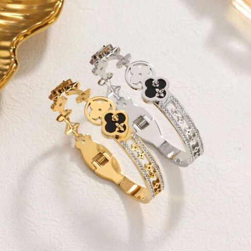 18k Gold Plated Bracelet for Women Four Leaf Clover Bangle Bracelet with Cubic Zirconia Stones. Trendy Best Clover Love Friendship Designer Bracelet Jewelry Gift. in Saudi Arabia