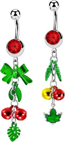 2Pcs-3Pcs Christmas Mistletoe Belly Button Rings 14G 10mm 316L Stainless Steel Threaded Bells Belly Button Navel Piercing Jewelry for Women in Saudi Arabia
