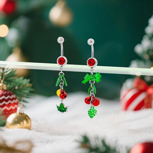 2Pcs-3Pcs Christmas Mistletoe Belly Button Rings 14G 10mm 316L Stainless Steel Threaded Bells Belly Button Navel Piercing Jewelry for Women in Saudi Arabia