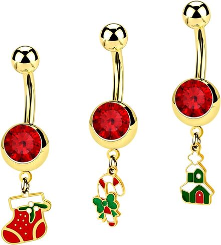 2Pcs-3Pcs Christmas Mistletoe Belly Button Rings 14G 10mm 316L Stainless Steel Threaded Bells Belly Button Navel Piercing Jewelry for Women in Saudi Arabia