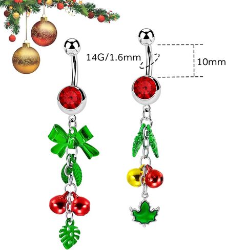2Pcs-3Pcs Christmas Mistletoe Belly Button Rings 14G 10mm 316L Stainless Steel Threaded Bells Belly Button Navel Piercing Jewelry for Women in Saudi Arabia