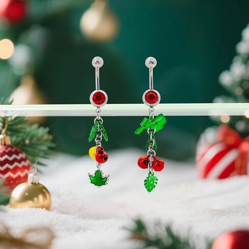 2Pcs-3Pcs Christmas Mistletoe Belly Button Rings 14G 10mm 316L Stainless Steel Threaded Bells Belly Button Navel Piercing Jewelry for Women in Saudi Arabia