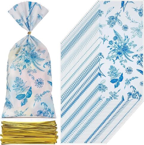 Sweetude 100 Pcs Wildflower Party Cellophane Treat Bags Floral Candy Plastic Clear Goody Bags Flat Bottom Gift supplies for Baby Shower Bridal Shower Birthday Wedding Party Favors,11"x 5" in Kuwait
