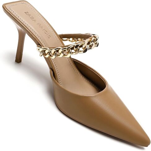 ALISSE Women High Heels Sandals Mules Metal Chain Straps 8CM Stiletto Closed Pointed Toe Slip On Sandals Fashion Pumps Backless Summer Slippers Shoes (Color : Brown, Size : 5) in Saudi Arabia