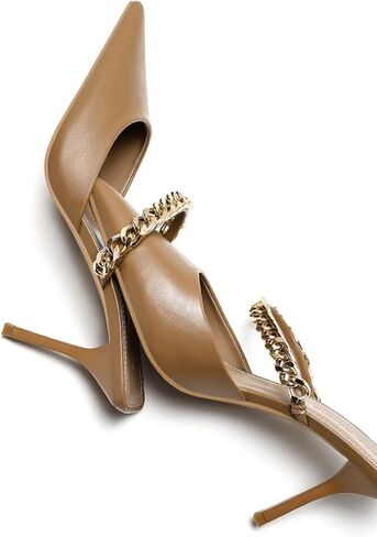ALISSE Women High Heels Sandals Mules Metal Chain Straps 8CM Stiletto Closed Pointed Toe Slip On Sandals Fashion Pumps Backless Summer Slippers Shoes (Color : Brown, Size : 5) in Saudi Arabia