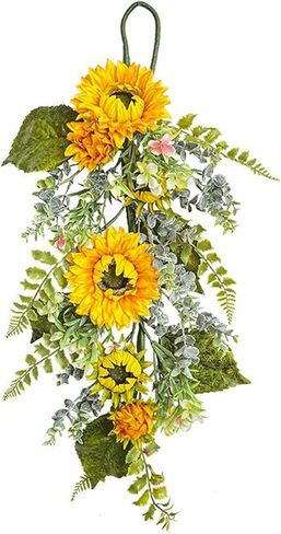 Sunflower Teardrop Swag for Front Door 27.5 Inch Decorative Spring Summer Floral Door Wreath with Yellow Sunflower Spring Summer Greenery Swags Wreath for Wedding Arch Home Party Wall Decor(Yellow) in Kuwait
