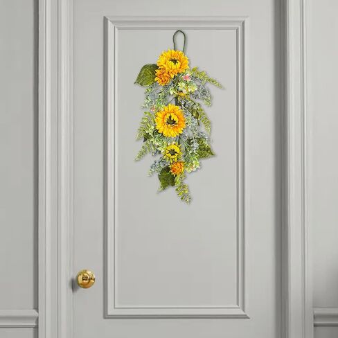 Sunflower Teardrop Swag for Front Door 27.5 Inch Decorative Spring Summer Floral Door Wreath with Yellow Sunflower Spring Summer Greenery Swags Wreath for Wedding Arch Home Party Wall Decor(Yellow) in Kuwait
