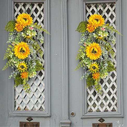 Sunflower Teardrop Swag for Front Door 27.5 Inch Decorative Spring Summer Floral Door Wreath with Yellow Sunflower Spring Summer Greenery Swags Wreath for Wedding Arch Home Party Wall Decor(Yellow) in Kuwait