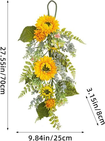 Sunflower Teardrop Swag for Front Door 27.5 Inch Decorative Spring Summer Floral Door Wreath with Yellow Sunflower Spring Summer Greenery Swags Wreath for Wedding Arch Home Party Wall Decor(Yellow) in Kuwait