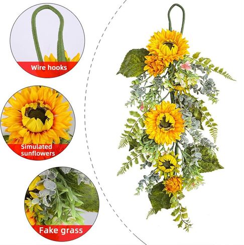 Sunflower Teardrop Swag for Front Door 27.5 Inch Decorative Spring Summer Floral Door Wreath with Yellow Sunflower Spring Summer Greenery Swags Wreath for Wedding Arch Home Party Wall Decor(Yellow) in Kuwait