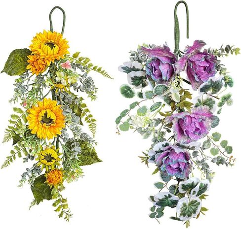 Sunflower Teardrop Swag for Front Door 27.5 Inch Decorative Spring Summer Floral Door Wreath with Yellow Sunflower Spring Summer Greenery Swags Wreath for Wedding Arch Home Party Wall Decor(Yellow) in Kuwait