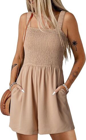 Dokotoo Women's Summer Casual Smocked Rompers Square Neck Sleeveless Loose Shorts Jumpsuits 2025 Beach Vacation Outfits in Kuwait