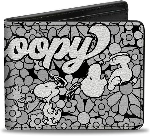 Buckle-Down Peanuts Wallet, Bifold, Snoopy Poses and Daisy Flowers Collage Black Grays White, Vegan Leather in Saudi Arabia