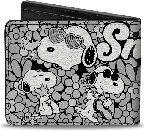 Buckle-Down Peanuts Wallet, Bifold, Snoopy Poses and Daisy Flowers Collage Black Grays White, Vegan Leather in Saudi Arabia