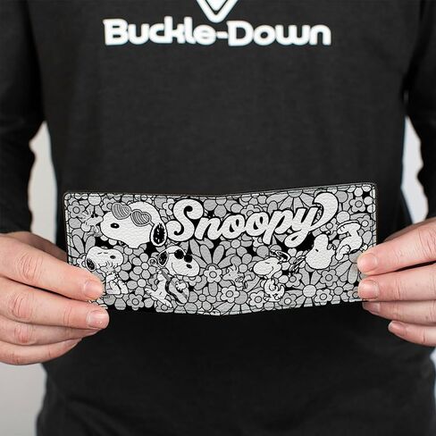 Buckle-Down Peanuts Wallet, Bifold, Snoopy Poses and Daisy Flowers Collage Black Grays White, Vegan Leather in Saudi Arabia