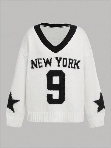 Girl's Number Letter Graphic Sweater Long Sleeve V Neck Knit Preppy Pullover Tops in Saudi Arabia