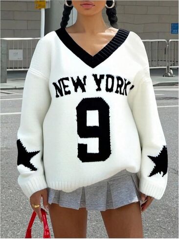 Girl's Number Letter Graphic Sweater Long Sleeve V Neck Knit Preppy Pullover Tops in Saudi Arabia