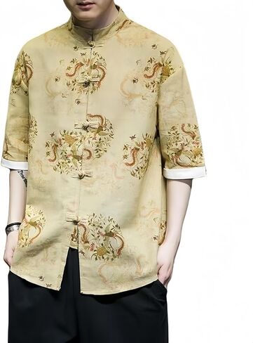 Men's Kung Fu Shirt,Traditional Chinese Hanfu Tang Suit Coat with Silk Printing,Half Sleeve Top for Casual Summer Outfits in Saudi Arabia