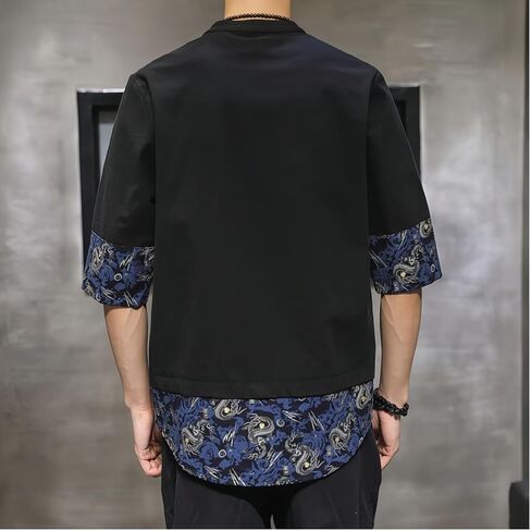 قميص كونغ فو للرجال، معطف بدلة هانفو تانغ الصيني التقليدي مع طباعة حريرية، قميص نصف كم لملابس الصيف الكاجوال A-أسود in Saudi Arabia