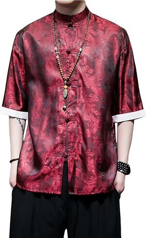 Men's Kung Fu Shirt,Traditional Chinese Hanfu Tang Suit Coat with Silk Printing,Half Sleeve Top for Casual Summer Outfits Wine Red in Saudi Arabia