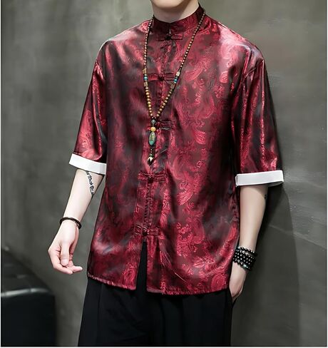 Men's Kung Fu Shirt,Traditional Chinese Hanfu Tang Suit Coat with Silk Printing,Half Sleeve Top for Casual Summer Outfits Wine Red in Saudi Arabia