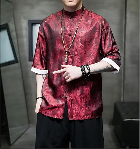 Men's Kung Fu Shirt,Traditional Chinese Hanfu Tang Suit Coat with Silk Printing,Half Sleeve Top for Casual Summer Outfits Wine Red in Saudi Arabia
