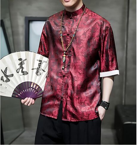 Men's Kung Fu Shirt,Traditional Chinese Hanfu Tang Suit Coat with Silk Printing,Half Sleeve Top for Casual Summer Outfits Wine Red in Saudi Arabia