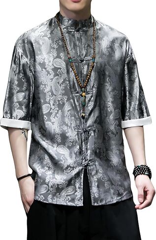 Men's Kung Fu Shirt,Traditional Chinese Hanfu Tang Suit Coat with Silk Printing,Half Sleeve Top for Casual Summer Outfits Grey in Saudi Arabia