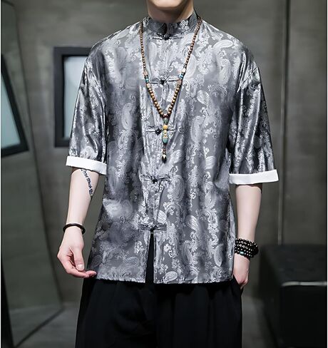 Men's Kung Fu Shirt,Traditional Chinese Hanfu Tang Suit Coat with Silk Printing,Half Sleeve Top for Casual Summer Outfits Grey in Saudi Arabia