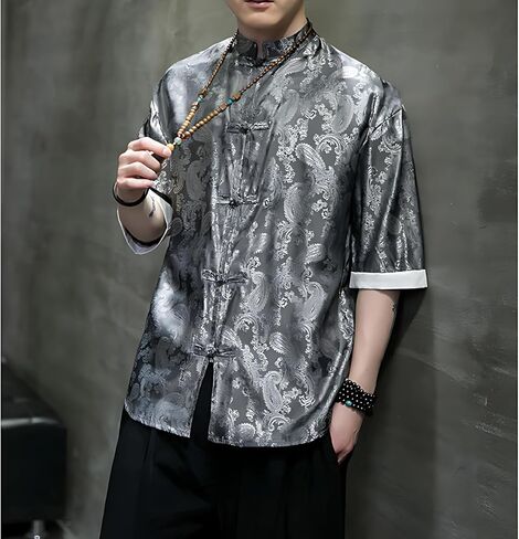 Men's Kung Fu Shirt,Traditional Chinese Hanfu Tang Suit Coat with Silk Printing,Half Sleeve Top for Casual Summer Outfits Grey in Saudi Arabia