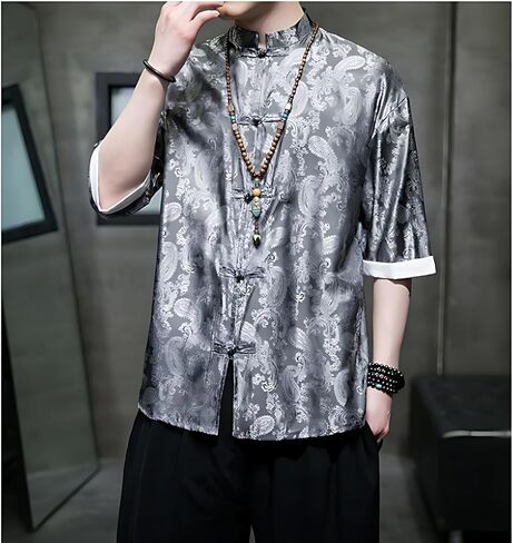 Men's Kung Fu Shirt,Traditional Chinese Hanfu Tang Suit Coat with Silk Printing,Half Sleeve Top for Casual Summer Outfits Grey in Saudi Arabia