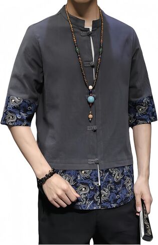 Men's Kung Fu Shirt,Traditional Chinese Hanfu Tang Suit Coat with Silk Printing,Half Sleeve Top for Casual Summer Outfits A-Gray in Saudi Arabia